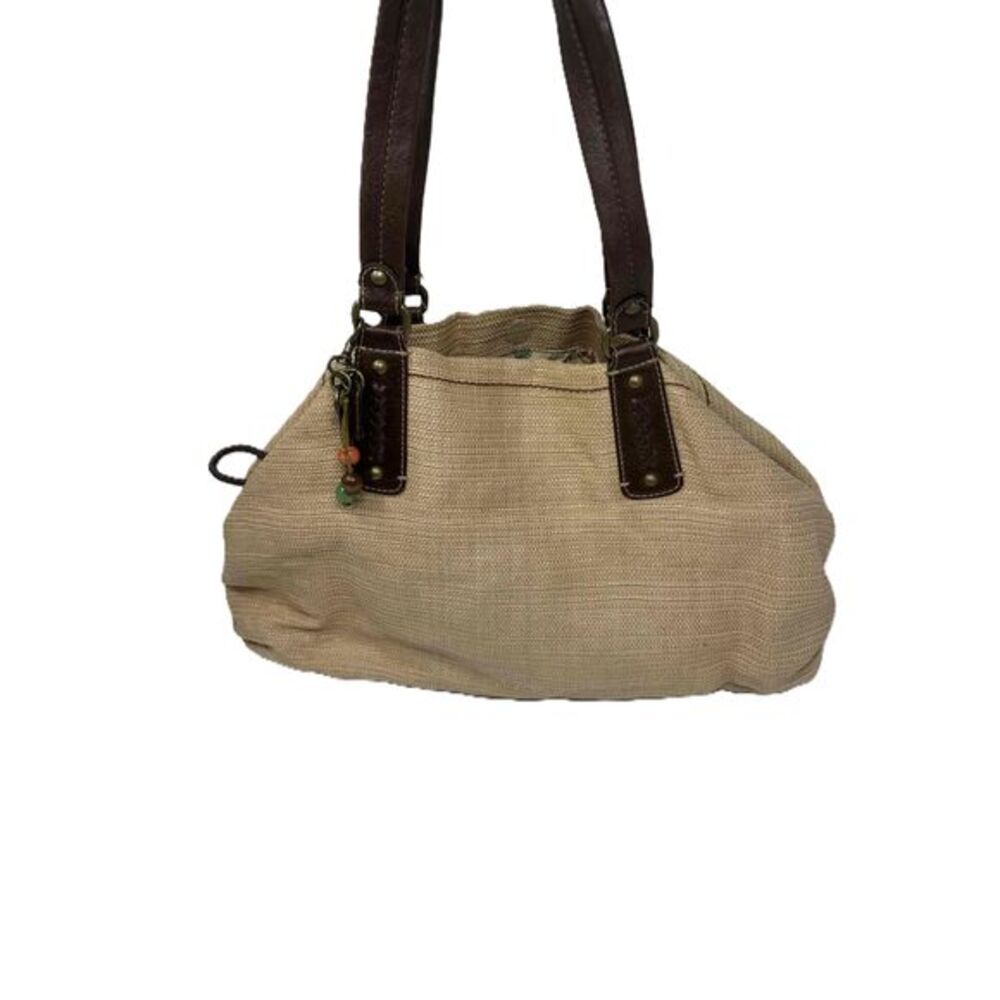 Fossil Handbag Tan Woven Canvas Brown Leather Straps Inside Pockets Mag and Zip